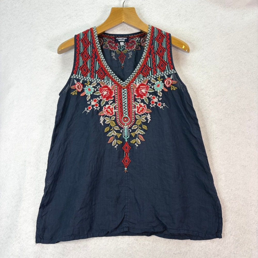 Johnny Was Workshop Embroidered Ramie Tank Top Navy Blue Womens M Boho Peasant